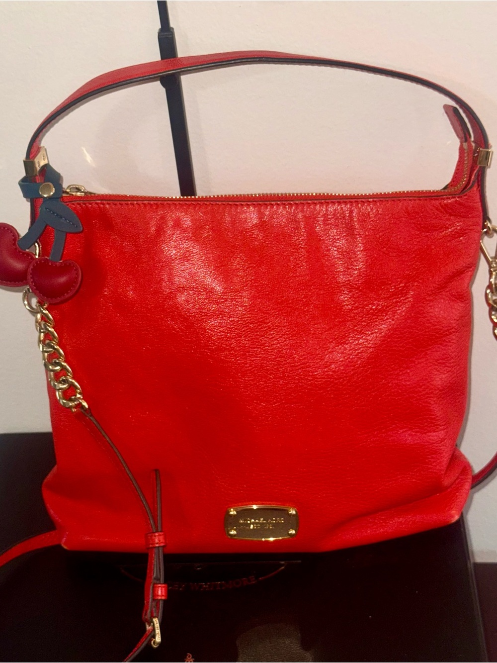 Michael Kors Bedford Medium Pebbled Leather Satchel Cherry Red Gold‑Tone Zip Bag